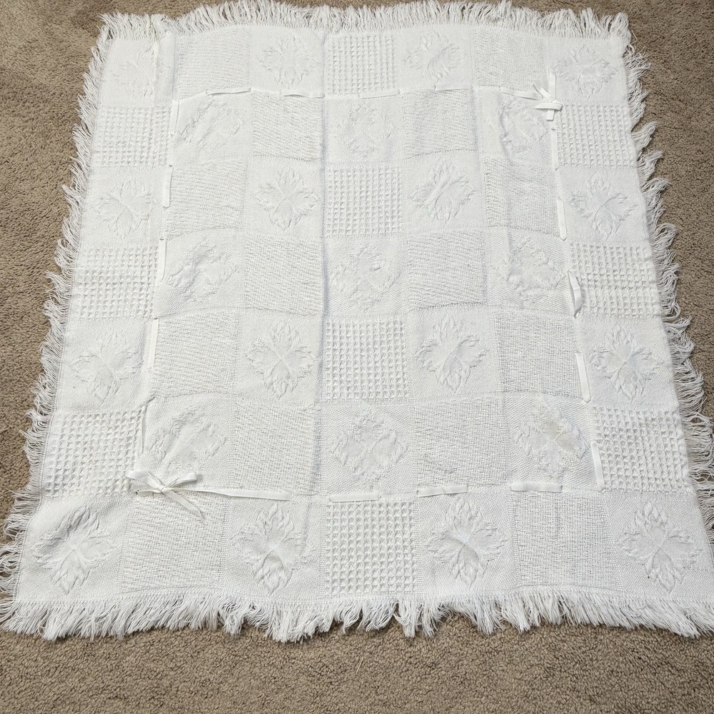 Vintage Babycrest Acrylic Fringe Baby Blanket White Knit 1980s Baby Gift 36x36